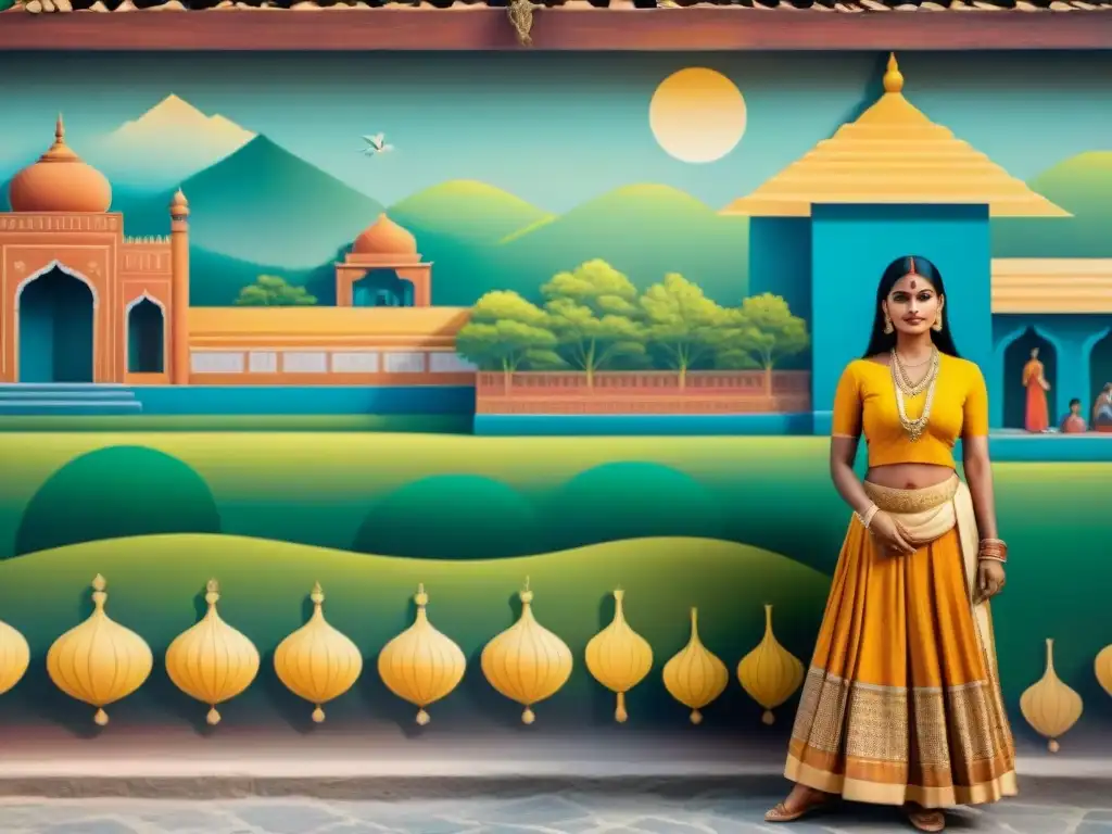 Mural detallado y vibrante de la vida cotidiana en la India antigua, mostrando escenas de actividades como agricultura y rituales religiosos