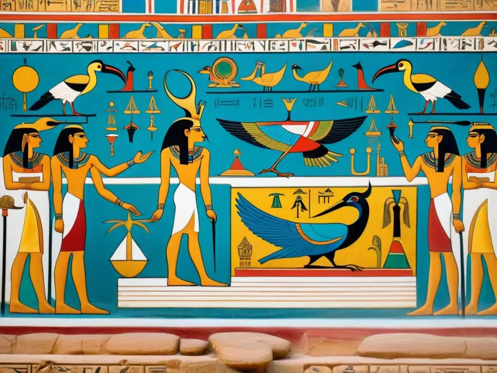 Mural egipcio antiguo de un faraón recibiendo guía divina en sueños de Thoth, dios de la sabiduría