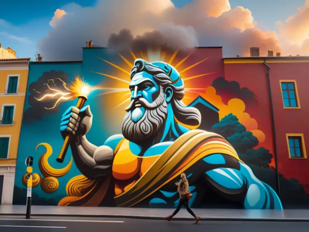 Un mural épico de Zeus lanzando rayos, fusionando mitología griega y arte urbano en vibrantes colores y detalles