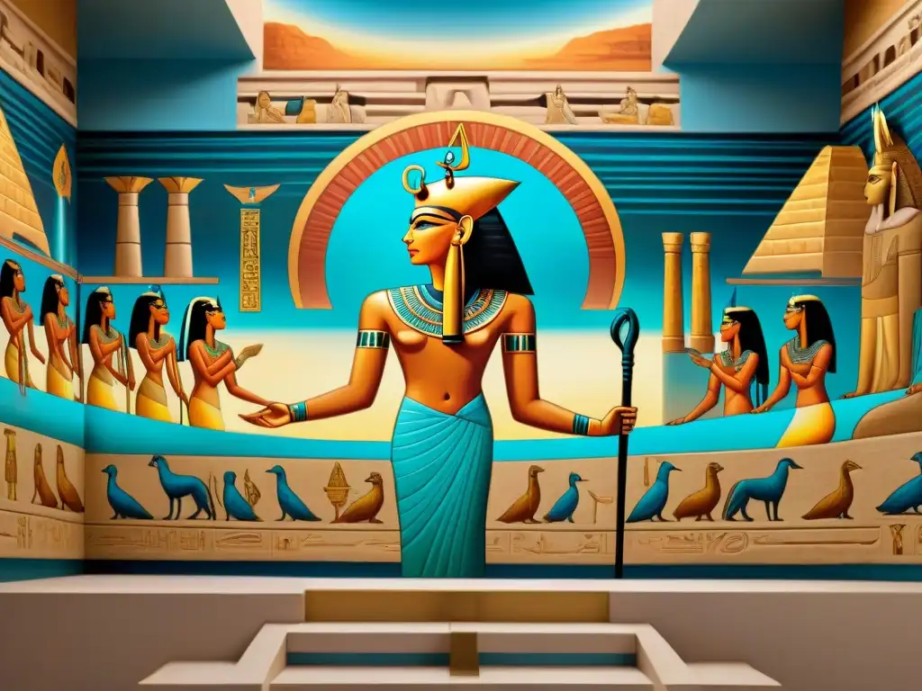 Mural egipcio: Viaje del alma al Aaru Un mural exquisito y detallado del viaje del alma egipcia hacia el Paraíso más allá de la muerte, con colores vibrantes y jeroglíficos