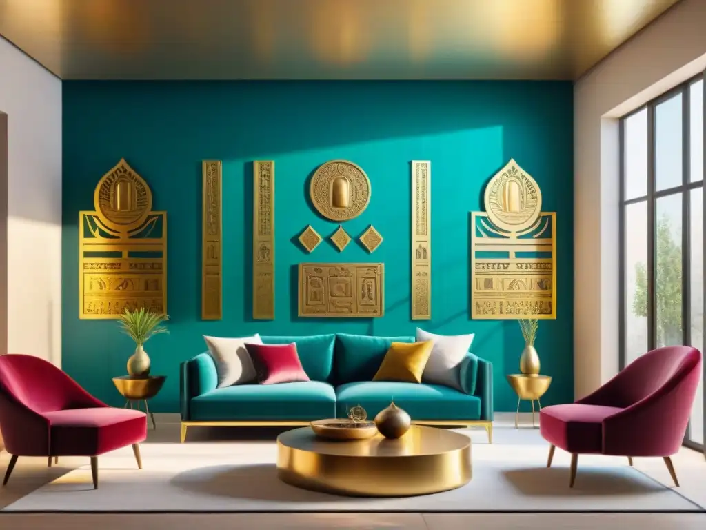 Un mural de íconos egipcios decorativos en sala lujosa, con tonos vibrantes de oro, turquesa y rojo rubí