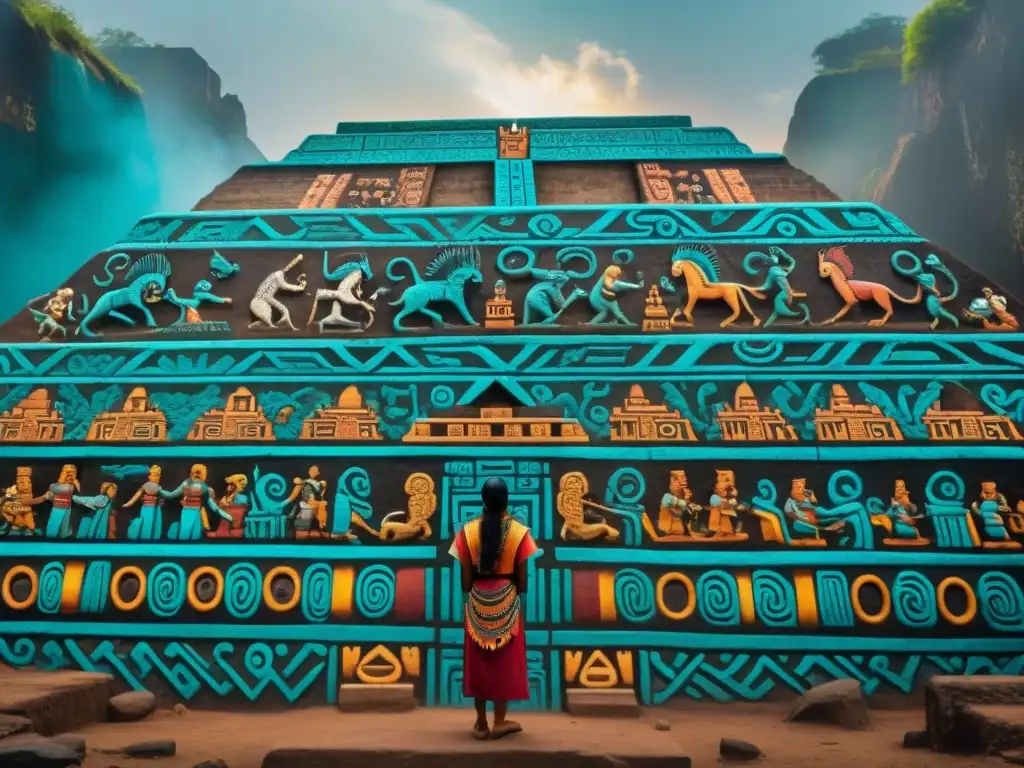 Un mural intrincado del inframundo azteca, con escenas detalladas y colores vibrantes