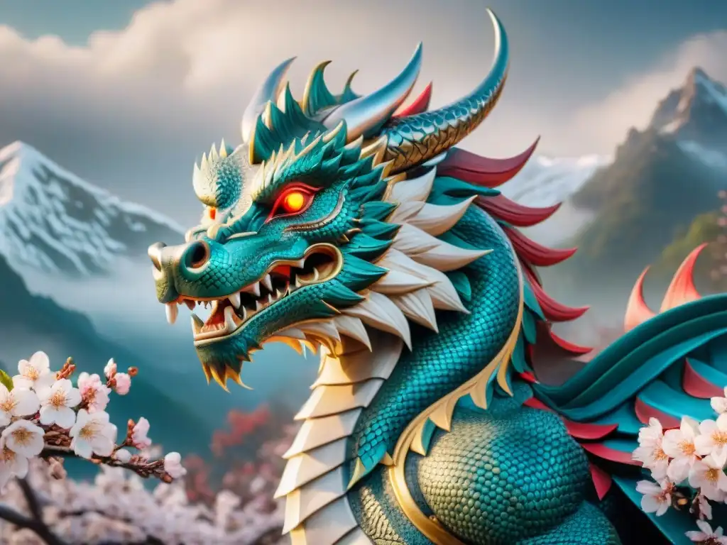 Un mural intrincado muestra un dragón y un lobo entrelazados, fusionando mitologías nórdica y china