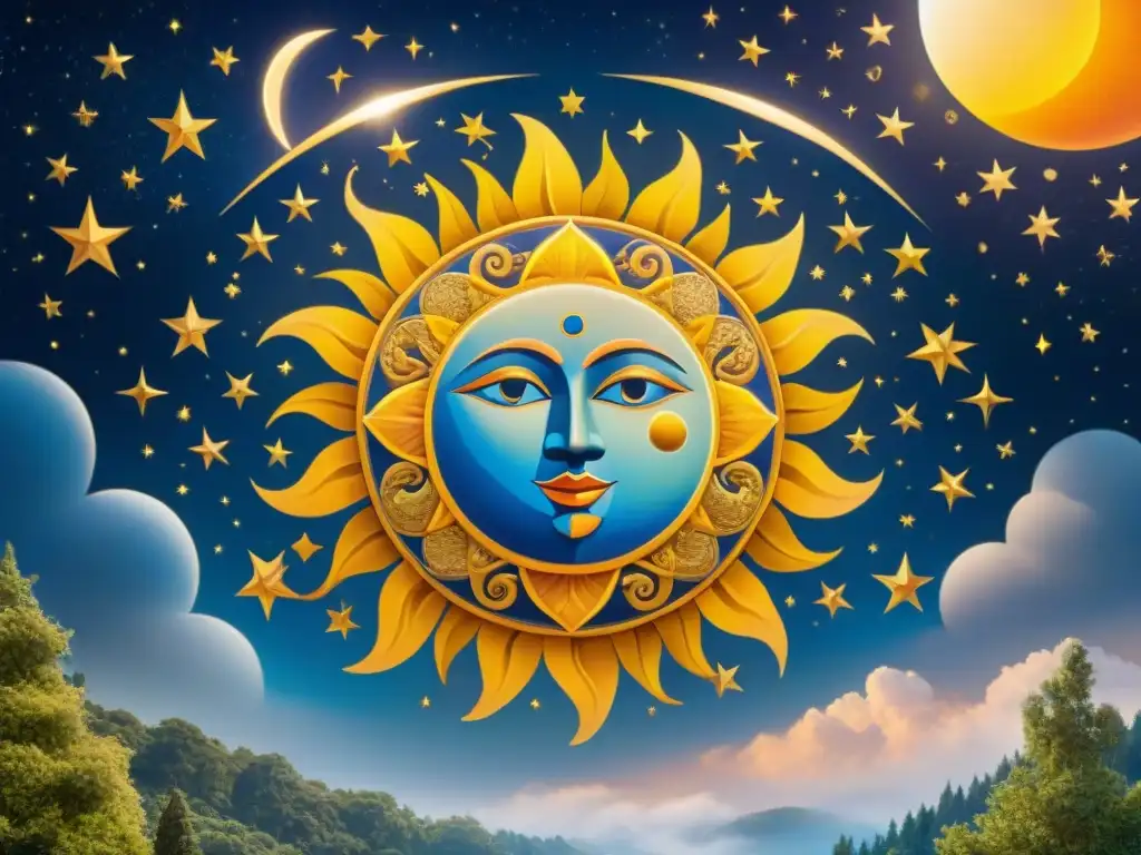 Un mural intrincado que muestra el sol y la luna en danza celestial, con símbolos antiguos y colores vibrantes en un bosque verde y cielo azul