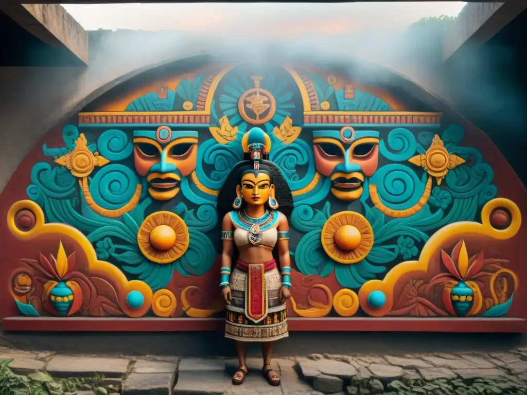 Un mural maya representando la dualidad entre el bien y el mal, con colores vibrantes y detalles intrincados