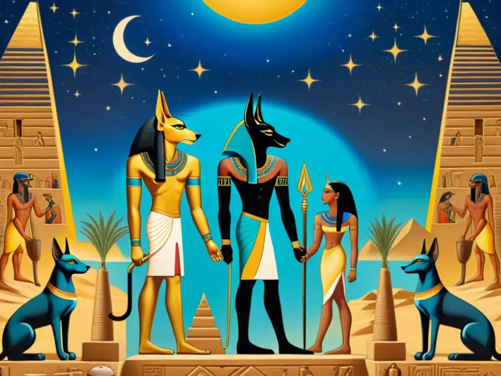 En el mural, Anubis y Osiris presiden la ceremonia del peso del corazón en el más allá egipcio, entre pirámides doradas y un cielo estrellado