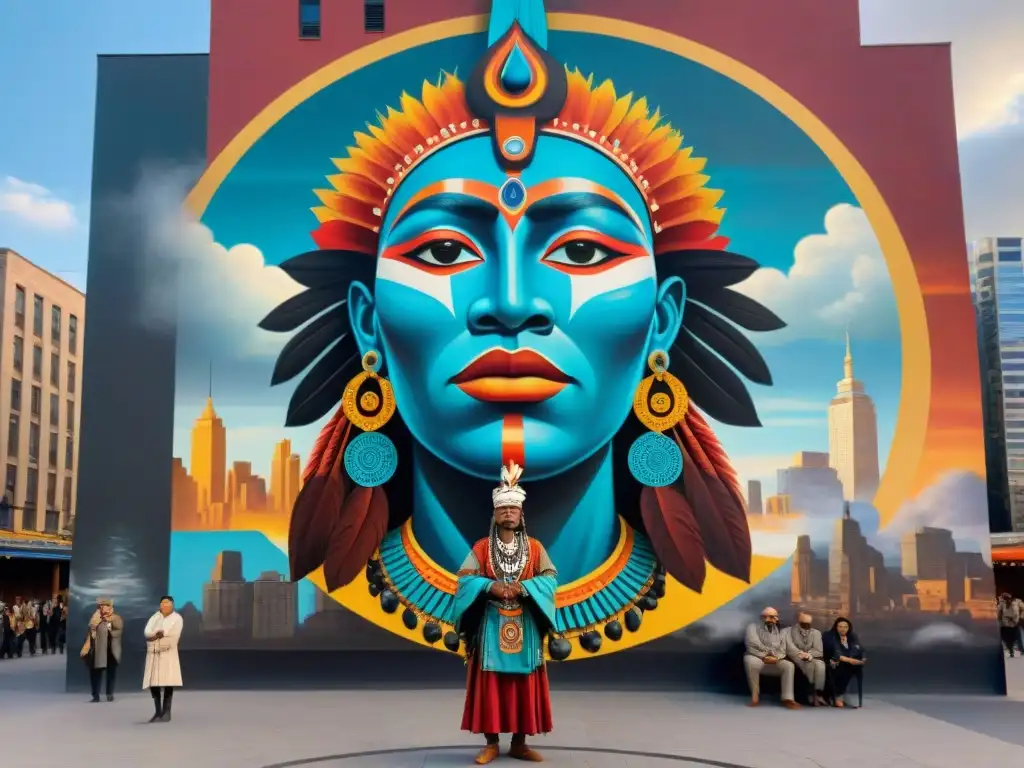 Un mural urbano que fusiona el chamanismo ancestral con la vida moderna en la plaza de la ciudad