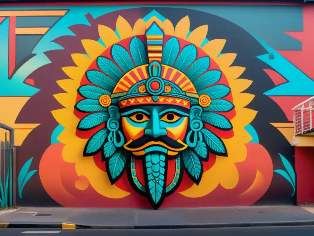 Un mural urbano que fusiona la espiritualidad azteca con arte contemporáneo, mostrando a Quetzalcoatl entre colores vibrantes y patrones intrincados