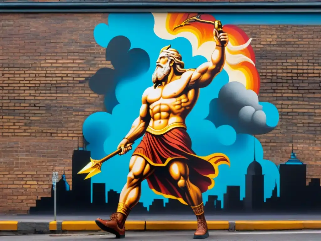 Un mural urbano impresionante de Zeus lanzando rayos, con detalles intrincados que realzan su poder y majestuosidad