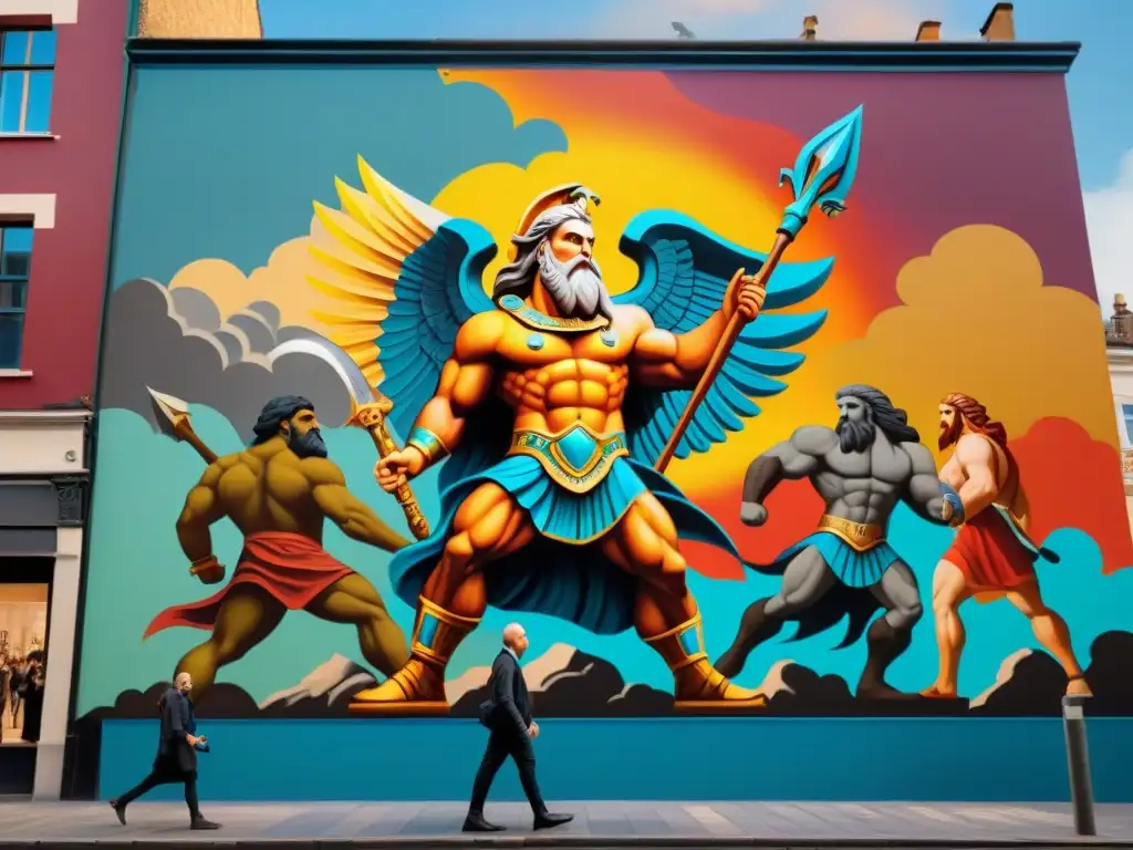 Un mural urbano vibrante que representa la batalla épica entre Zeus y los Titanes, con detalles de criaturas míticas