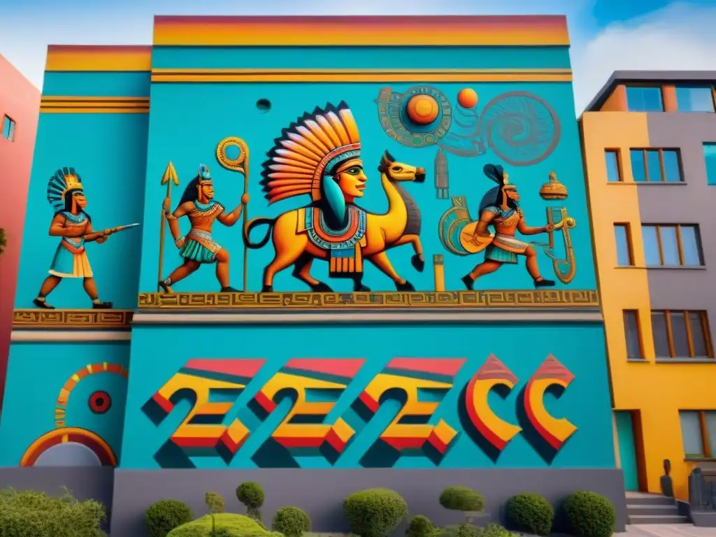 Mural urbano vibrante con dioses aztecas y criaturas míticas, fusionando arte antiguo y moderno