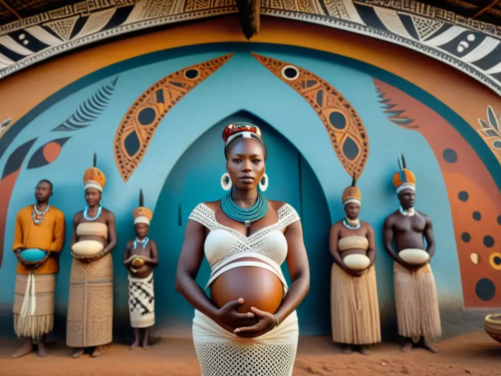 Un mural vibrante en una choza africana con escenas simbólicas de ciclos rituales iniciación africanos en tonos tierra y patrones intrincados