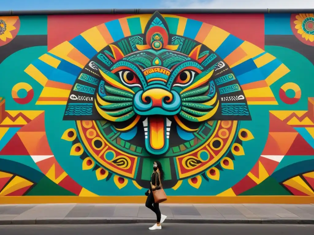 Un mural vibrante en Ciudad de México fusiona la espiritualidad azteca con el arte urbano, destacando colores y símbolos