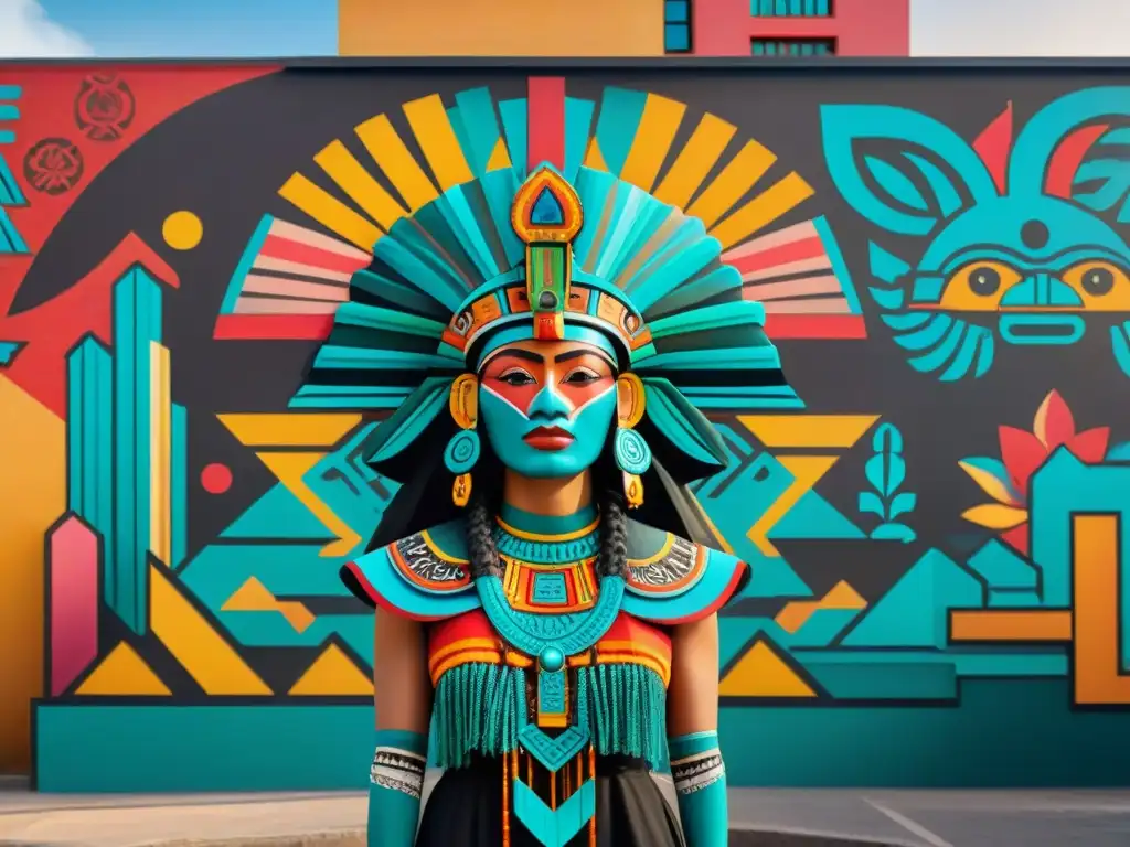 Un mural azteca vibrante en la ciudad, fusionando espiritualidad azteca y arte urbano contemporáneo