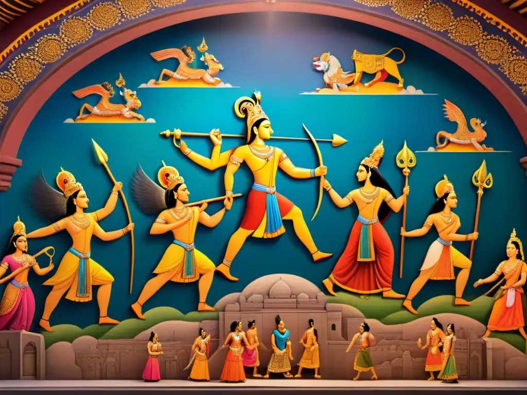 Un mural vibrante y detallado de las epopeyas indias: Mahabharata y Ramayana, con colores ricos y escenas épicas