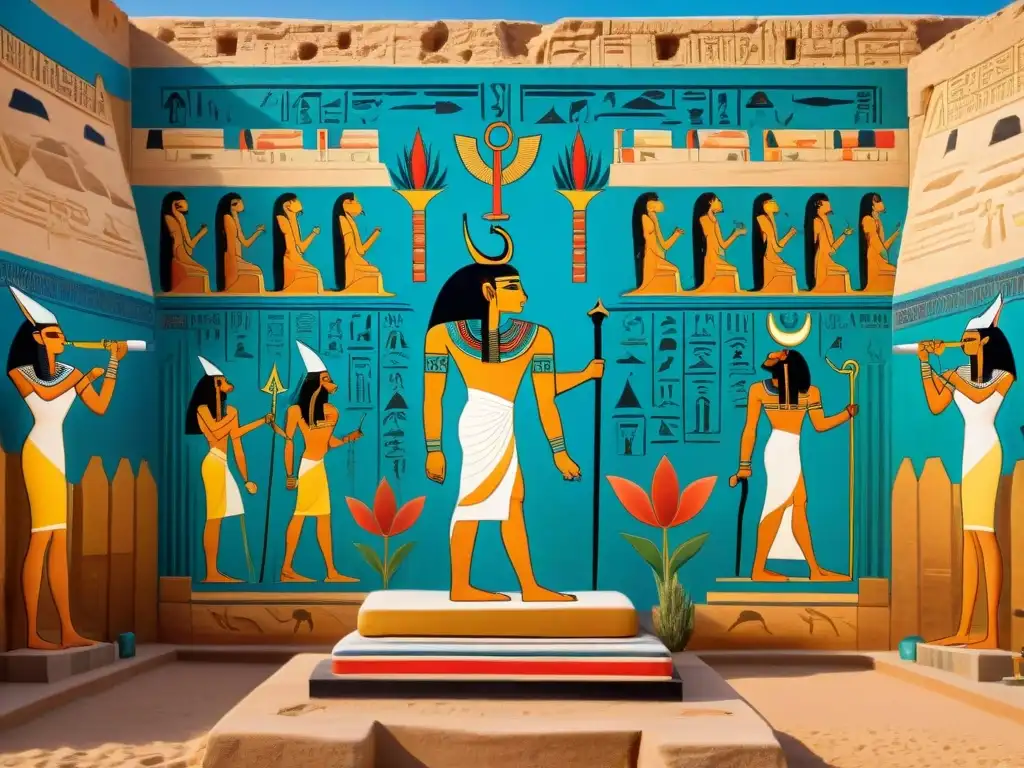 Pintura mural egipcia: Osiris en el trono de Aaru Un mural vibrante y detallado del Paraíso egipcio más allá muerte, con Osiris en un trono rodeado de campos y ríos