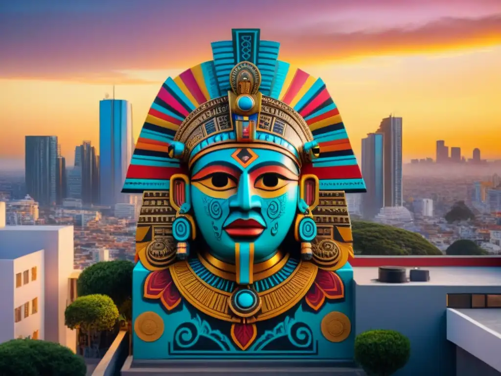 Mural vibrante que fusiona la espiritualidad azteca con arte urbano en la ciudad al atardecer