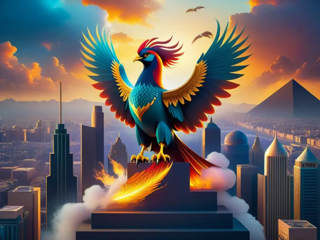 Un mural vibrante de un fénix mitológico emergiendo de las cenizas en una ciudad futurista inspirada en la arquitectura egipcia