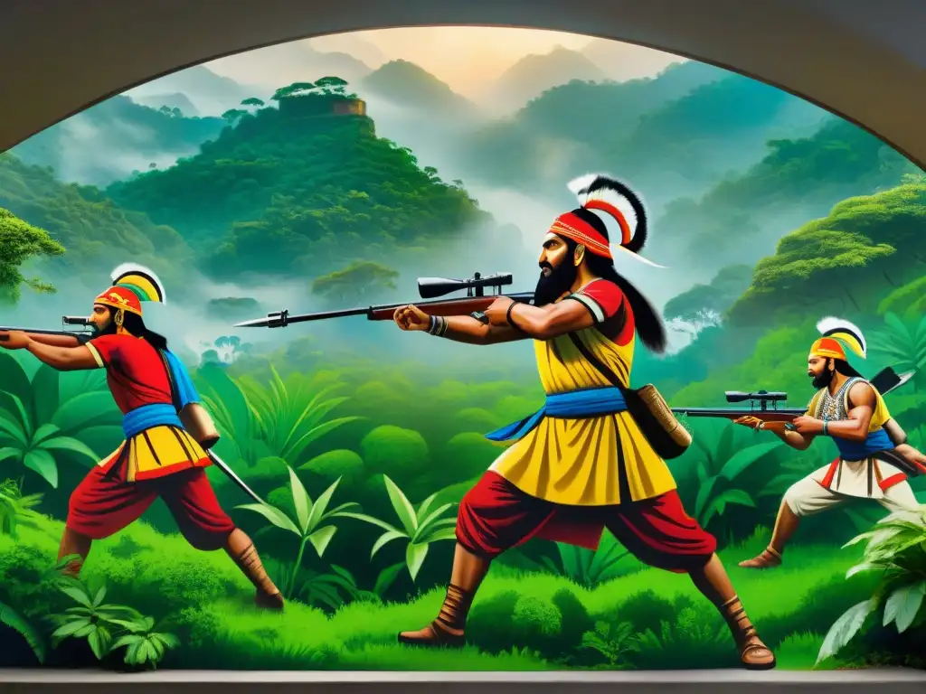 Un mural vibrante de guerreros indios usando técnicas de guerrilla en la densa jungla