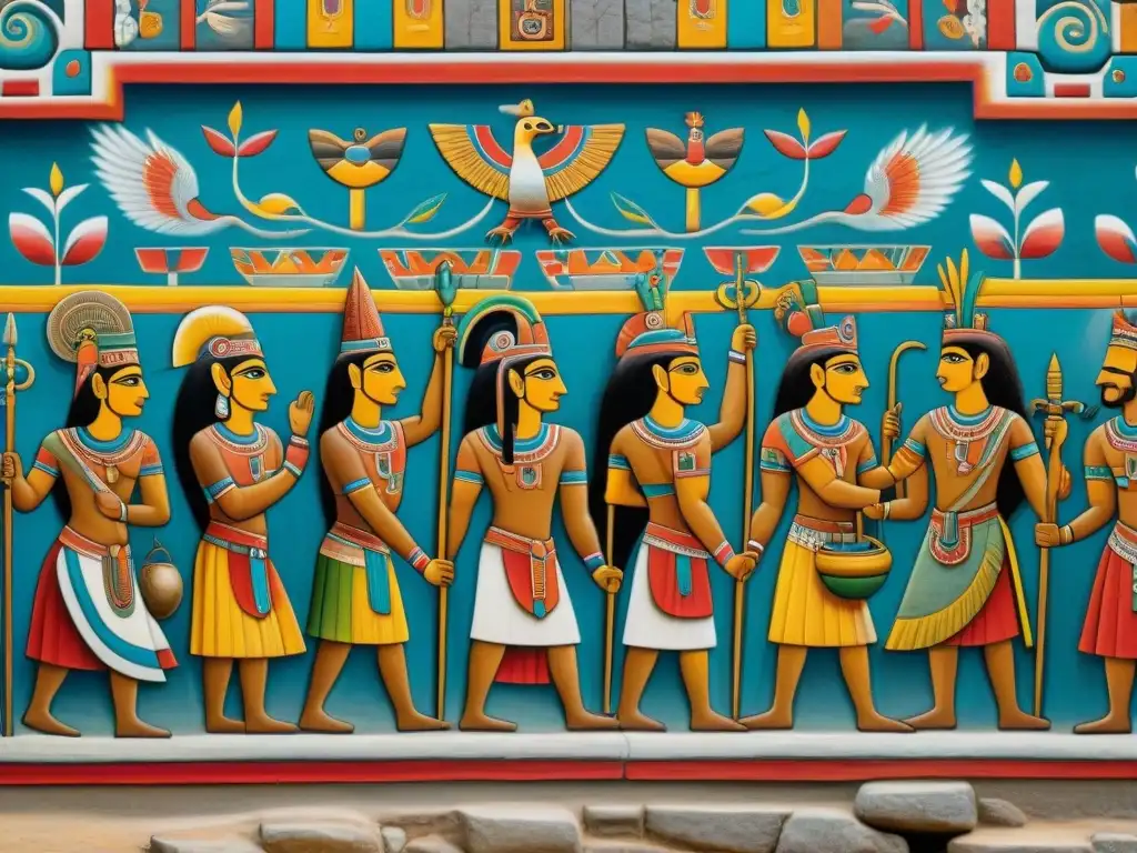 Mural vibrante de la mitología y rituales precolombinos Huarochirí en un templo peruano