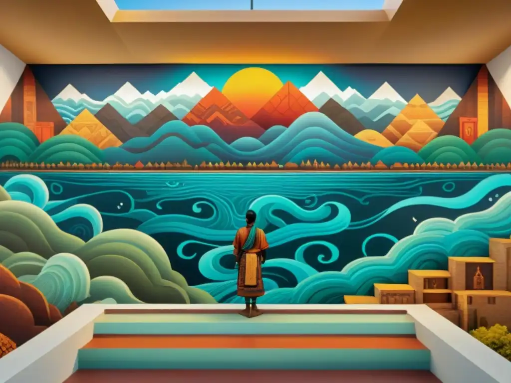 Mural épico del Diluvio en civilizaciones precolombinas Un mural vibrante de los mitos diluvio en civilizaciones precolombinas, con tribus antiguas buscando refugio y olas gigantes