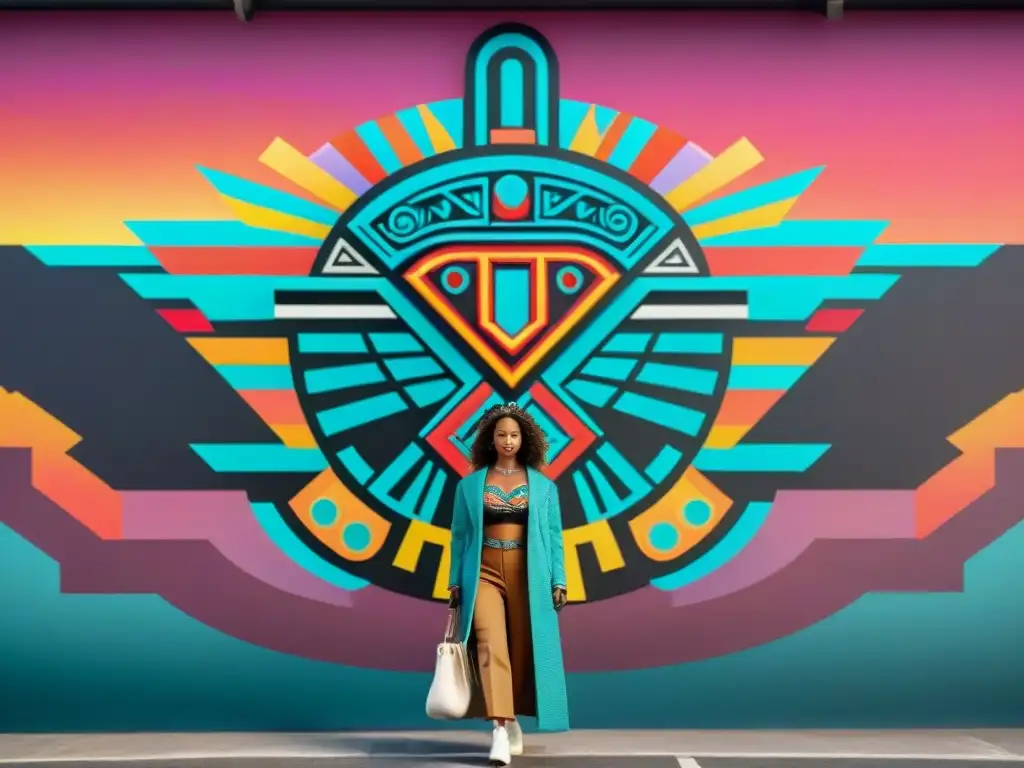 Un mural vibrante con motivos aztecas actuales en diseño gráfico