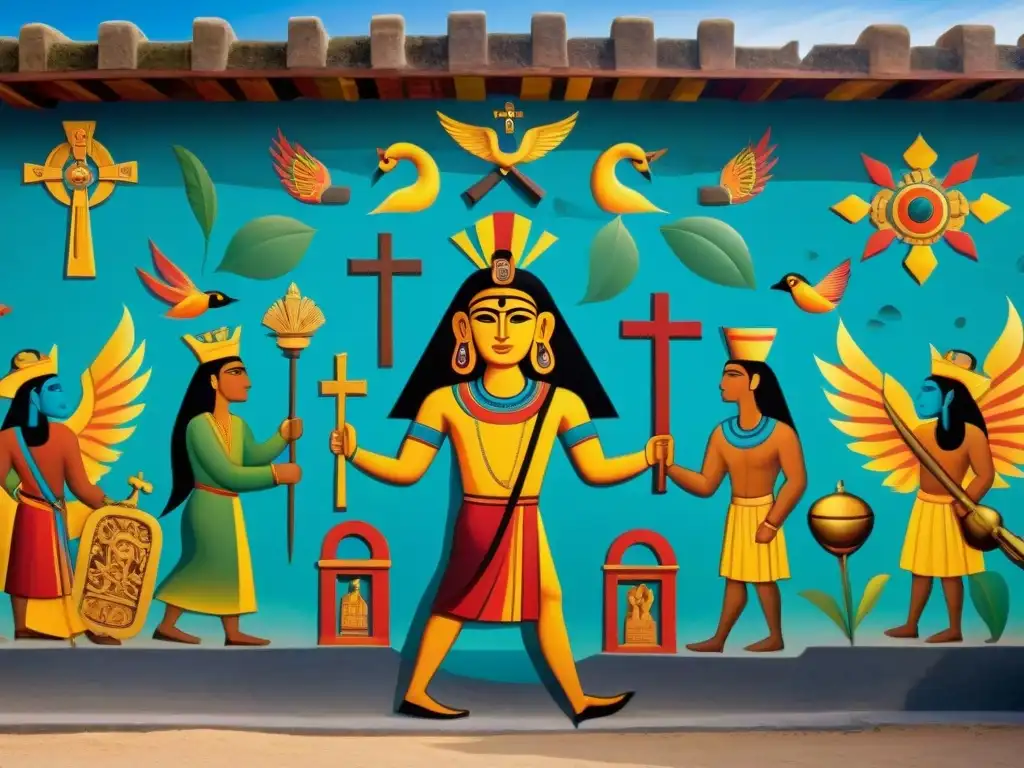 Un mural vibrante en una pared de templo mesoamericano fusiona símbolos religiosos indígenas y cristianos