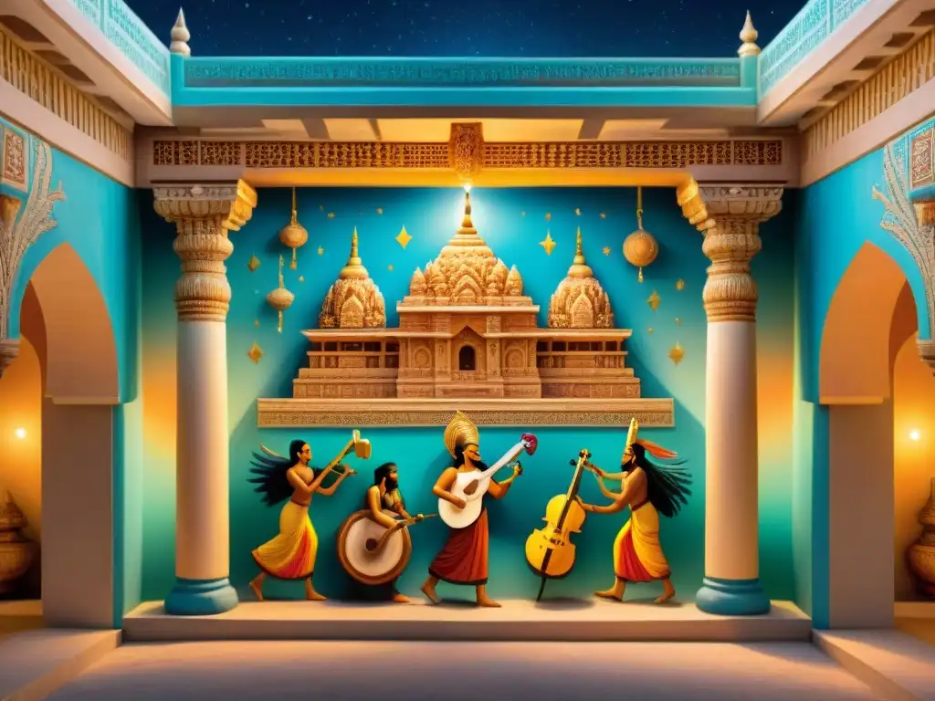 Mural vibrante en templo de India: músicos antiguos, criaturas míticas y ritmos música India Antigua en celebración espiritual bajo cielo estrellado