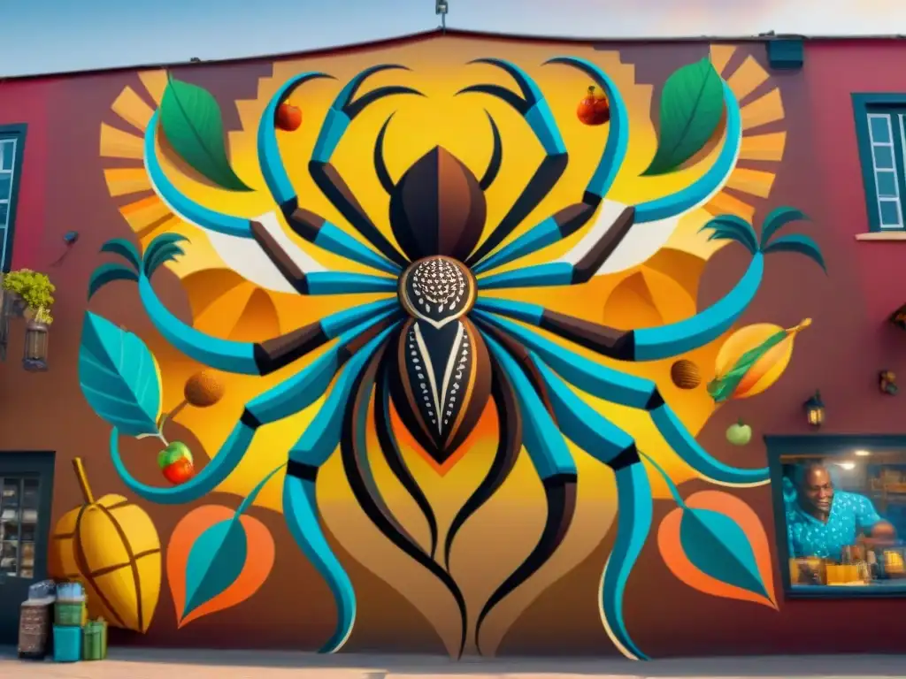 Mural vibrante de Anansi, la araña tramposa, rodeada de símbolos de mitología África Occidental en un bullicioso mercado