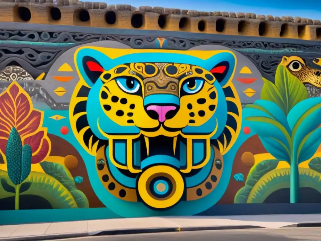 Mural vibrante con visiones precolombinas y elementos simbólicos como jaguares y serpientes