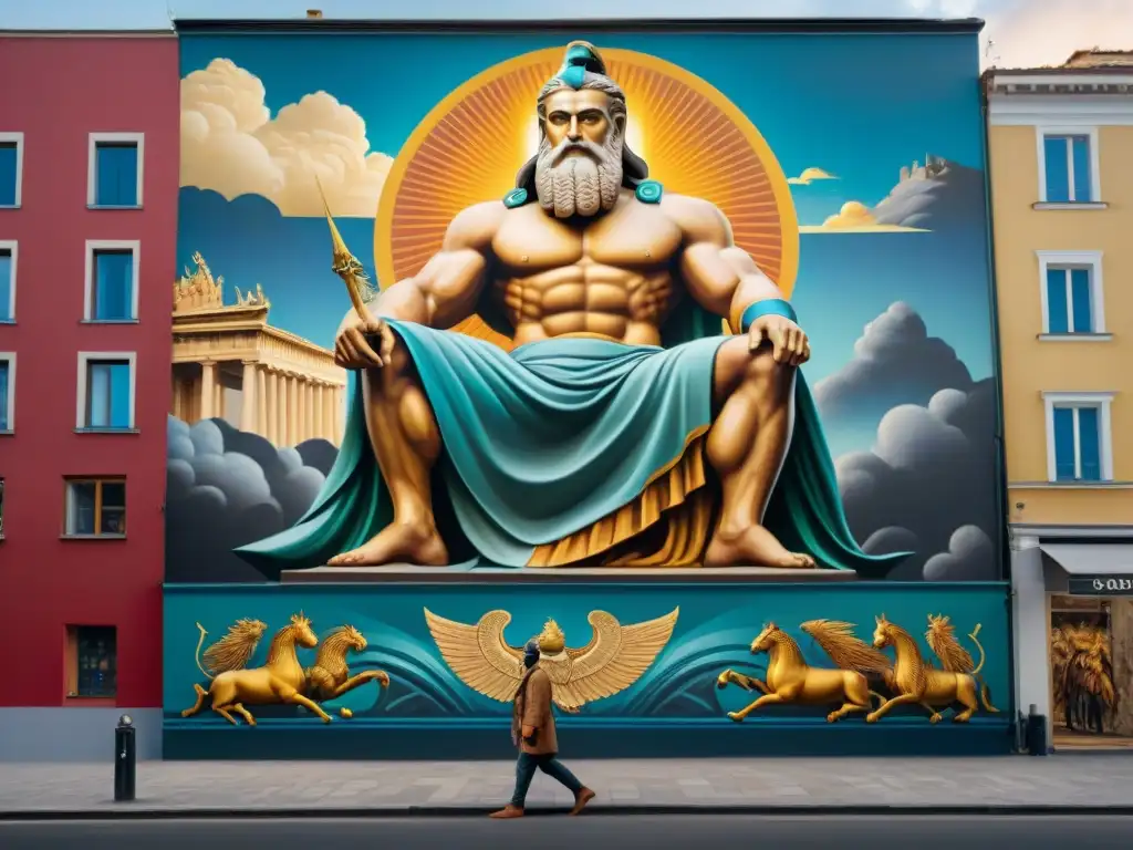 Murales mitología griega arte urbano: Zeus en majestuoso mural urbano lleno de detalles y colores vibrantes