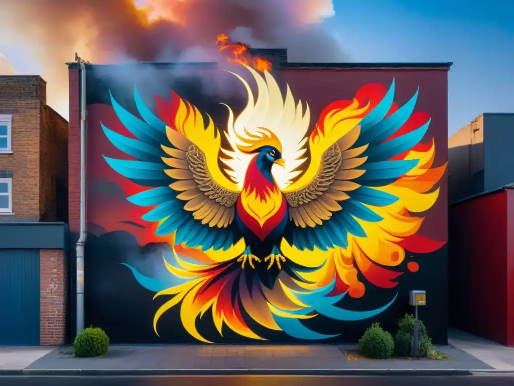 Murales urbanos: fénix majestuoso emerge de cenizas con simbolos renacimiento eternidad antigüedad