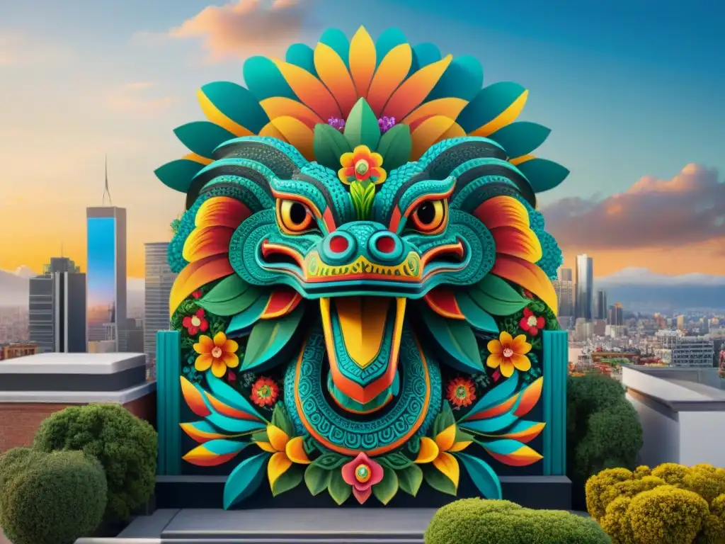 Murales vibrantes de Quetzalcoatl y flores, fusionando espiritualidad azteca con arte urbano