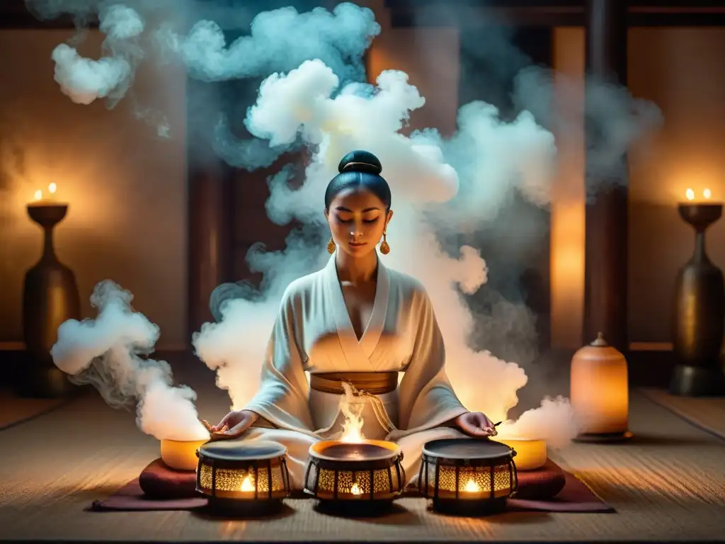 Meditación con música y danzas: Personas en túnicas blancas danzando en una habitación iluminada por velas y humo de incienso