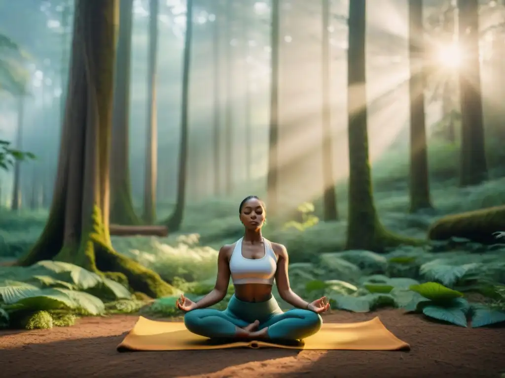 Meditación con música y danzas: Sesión serena en el bosque, meditadores concentrados bajo árboles altos y luz suave filtrada entre hojas