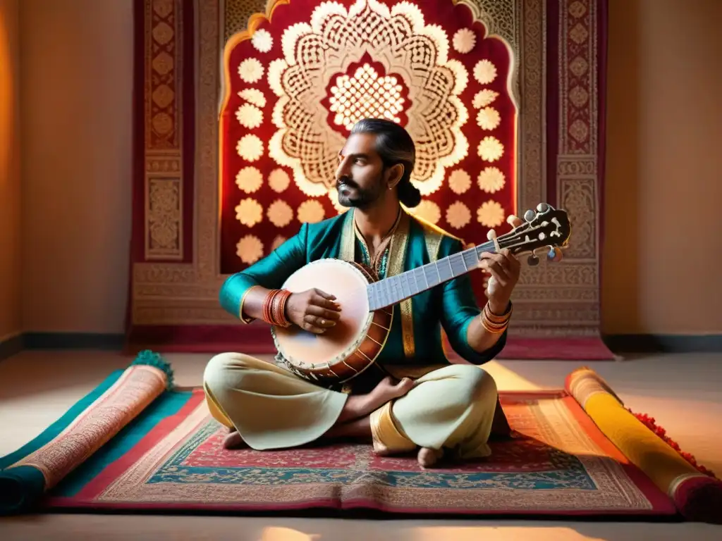 Un músico de sitar en atuendo tradicional, tocando con gracia