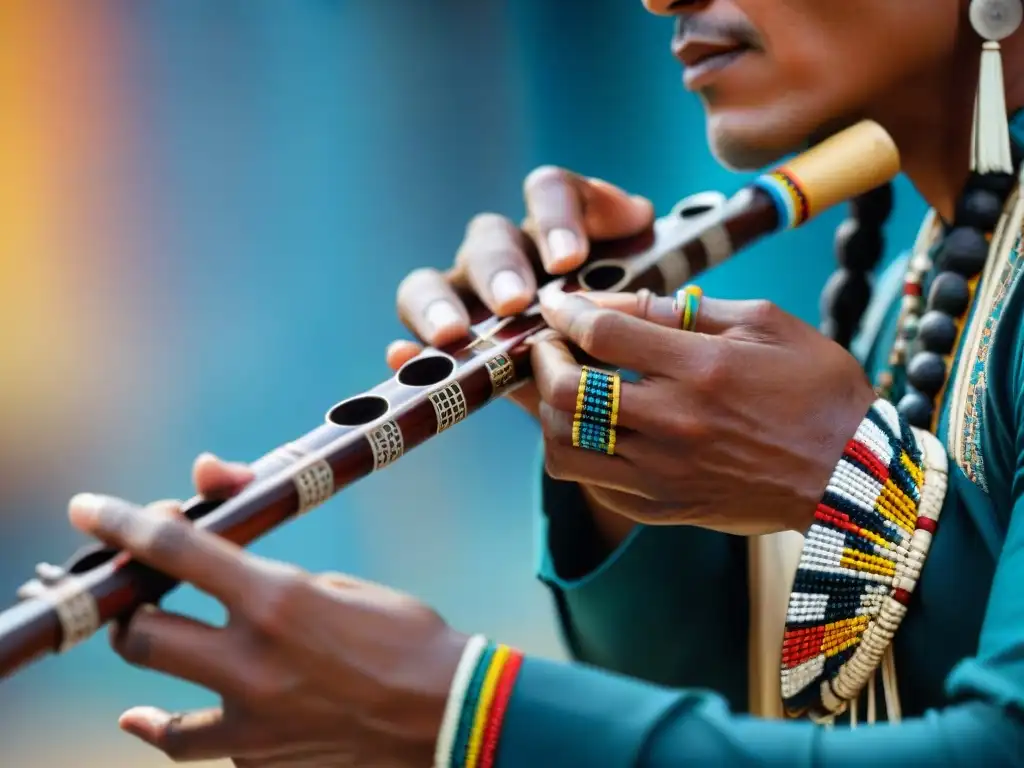 Un músico indígena experto tocando una flauta tradicional, fusionando música contemporánea y sabiduría ancestral