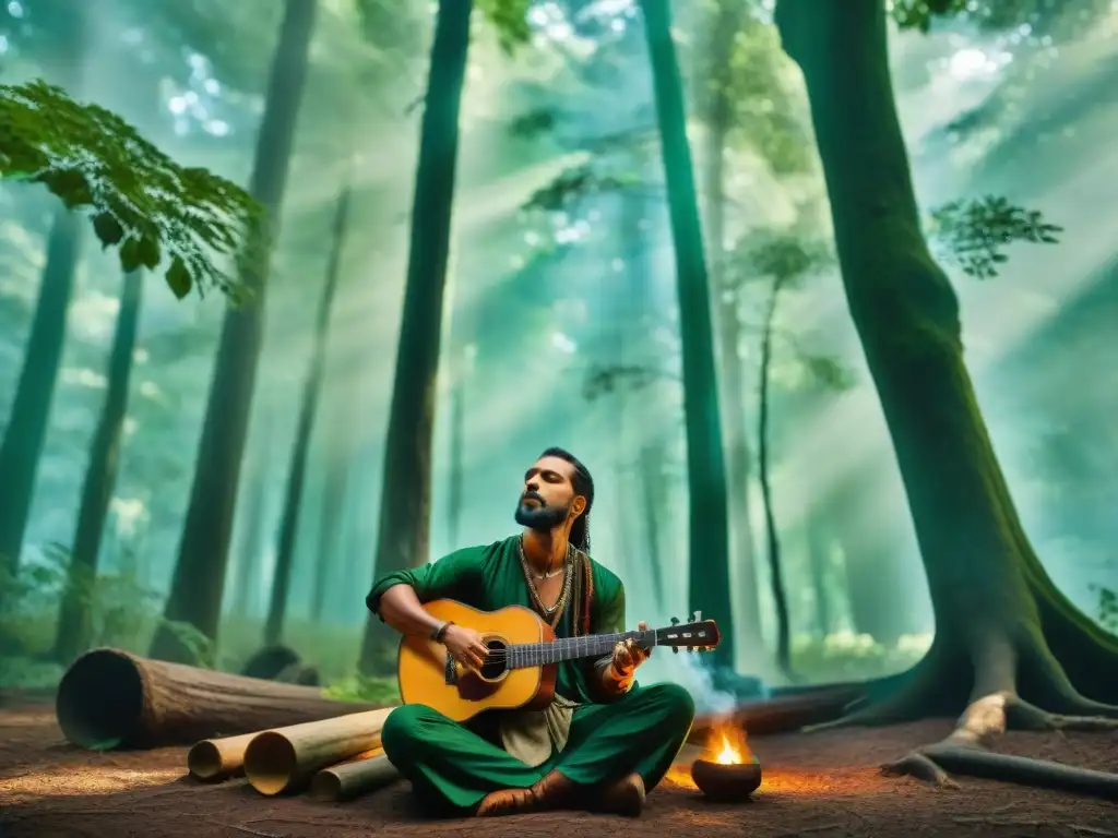 Un músico tocando un instrumento pagano en un bosque místico