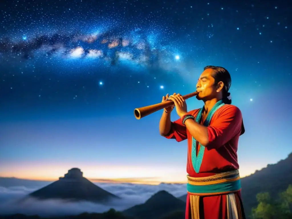 Un músico maya toca flauta bajo un cielo estrellado con la constelación del Cucharón