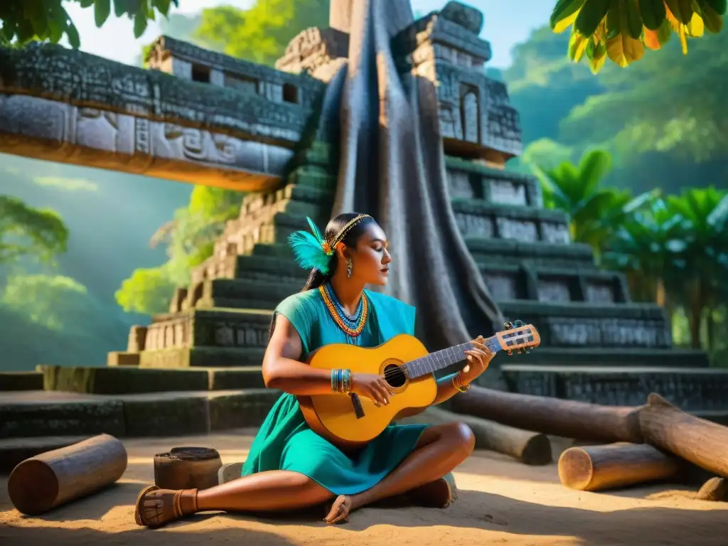 Un músico maya toca un instrumento tallado, bajo un ceibo, con Tikal al fondo