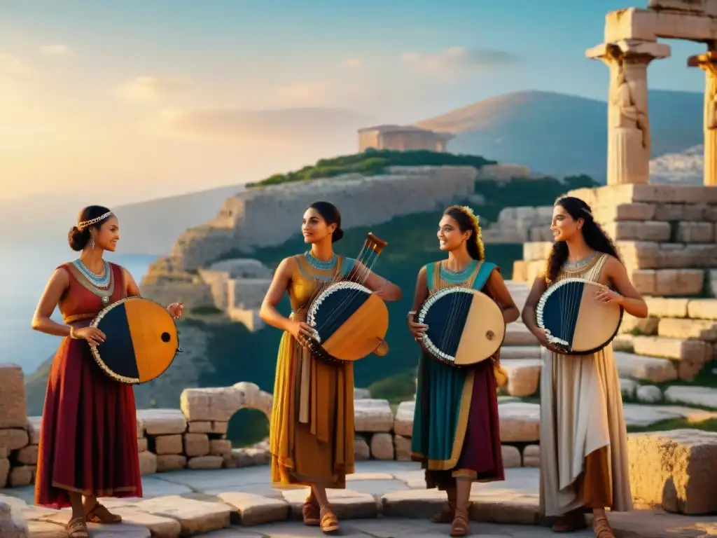 Músicos tocando instrumentos antiguos frente a ruinas de un anfiteatro al atardecer