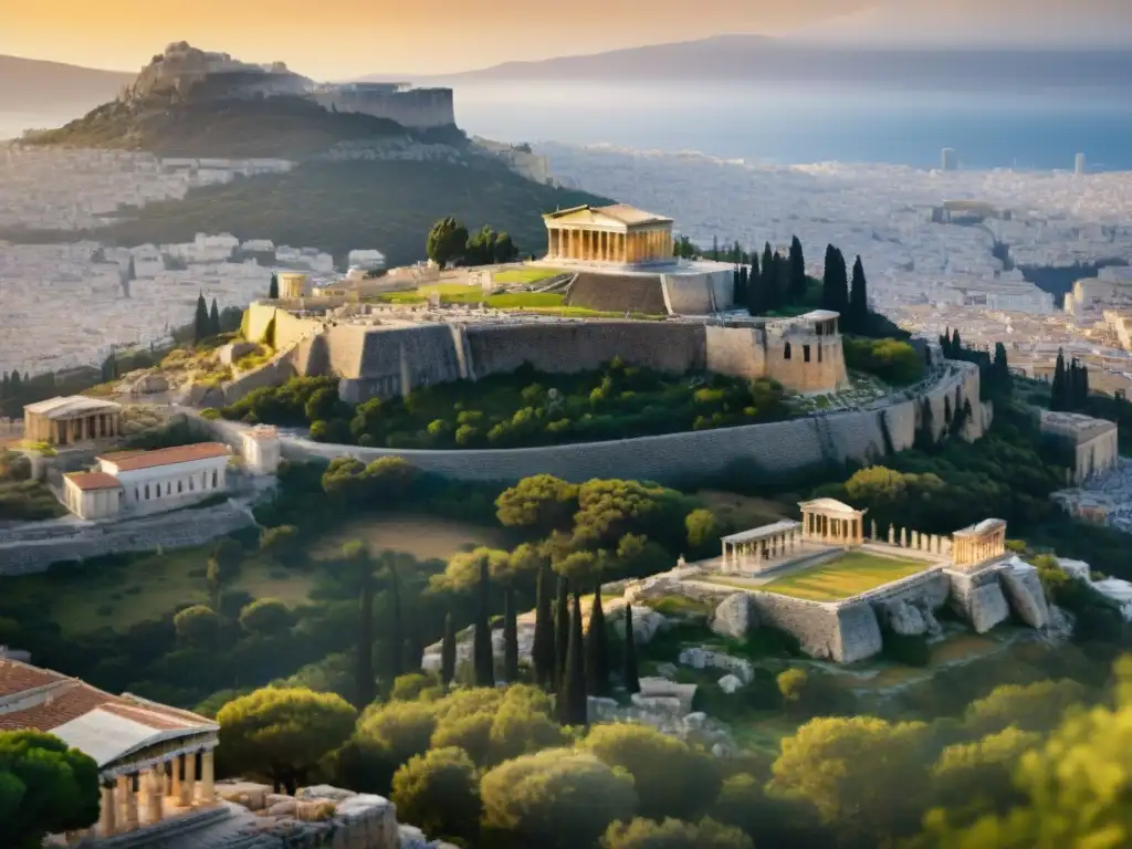 Nacimiento de la política en Atenas: imagen detallada de la antigua Pnyx, con el Bema y la Acropolis al fondo, evocando la democracia griega