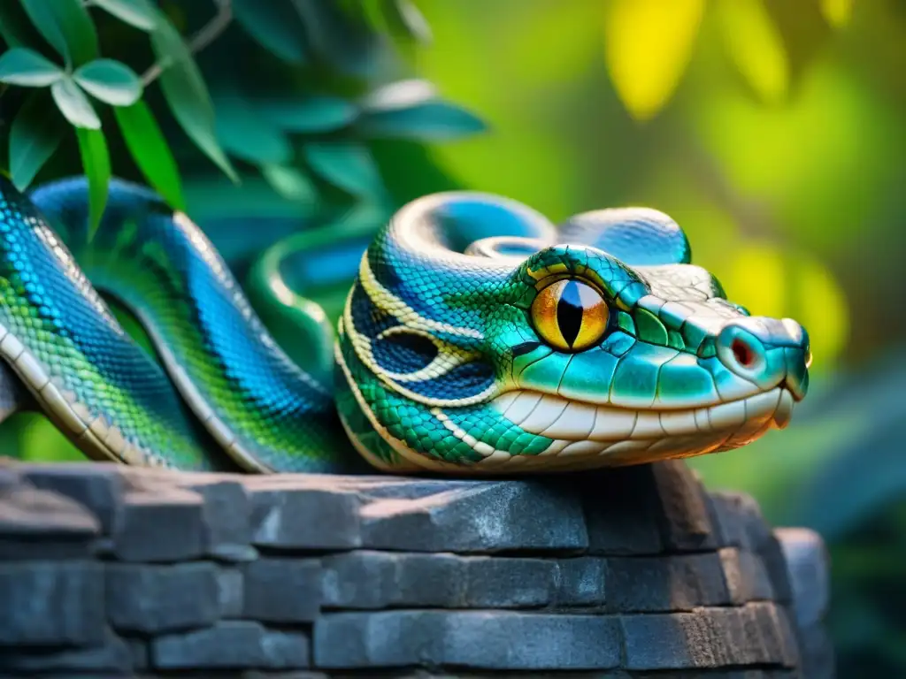 Una Nagini majestuosa con escamas azules y verdes iridiscentes, enroscada en un templo antiguo con grabados