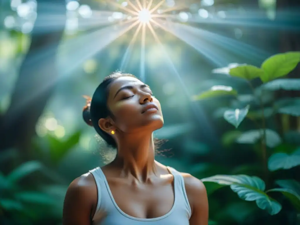 Meditación en la naturaleza: persona en paz, ojos cerrados, luz filtrándose entre árboles