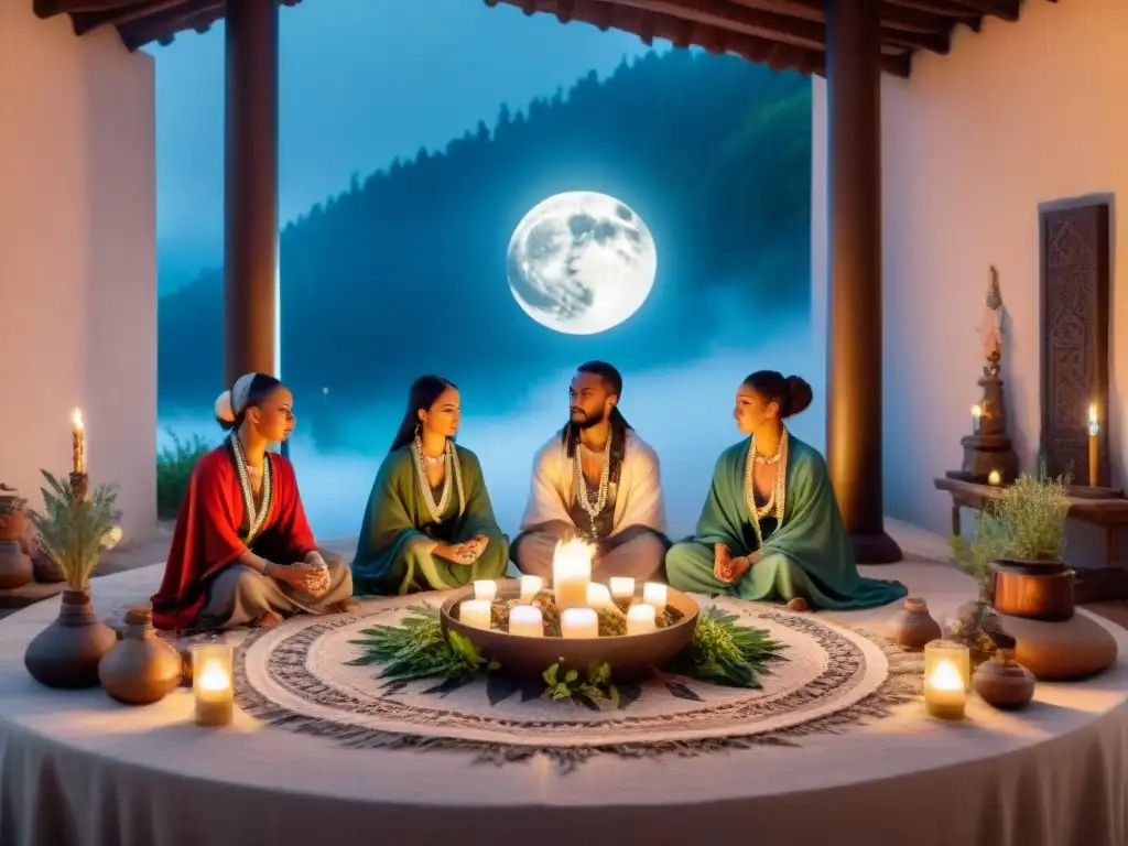 Práctica neopagana con influencia de fases lunares: ritual bajo la luna llena con símbolos místicos, elementos naturales y vestimenta elaborada