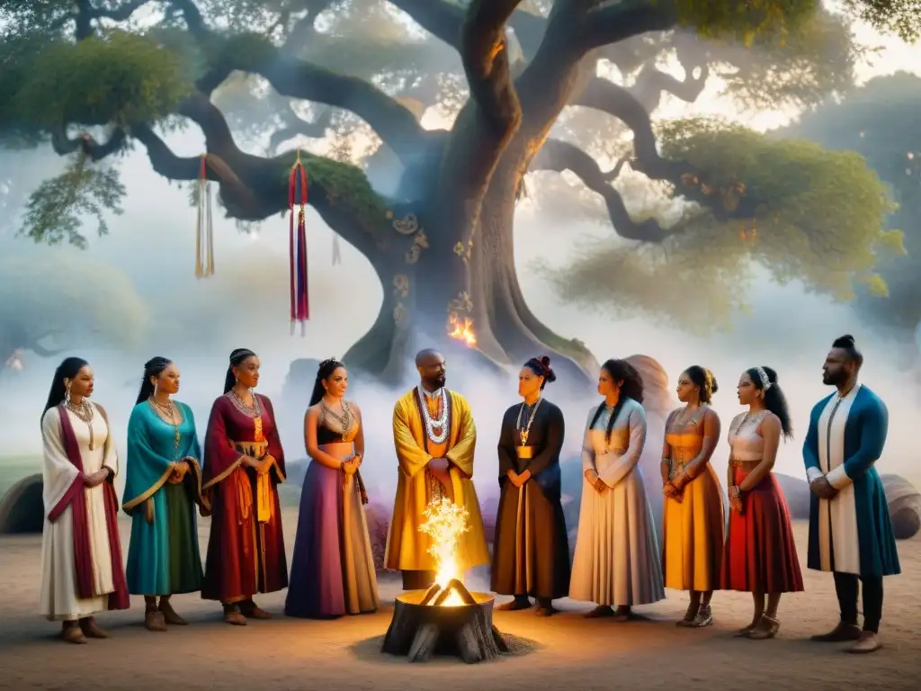 Celebración sincrética en neopaganismo contemporáneo: un círculo de individuos diversos bajo un árbol sagrado, fusionando tradiciones espirituales