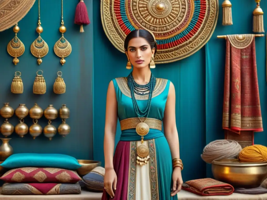 Una noble mujer mesopotámica luce exquisita vestimenta y joyería en un bullicioso mercado