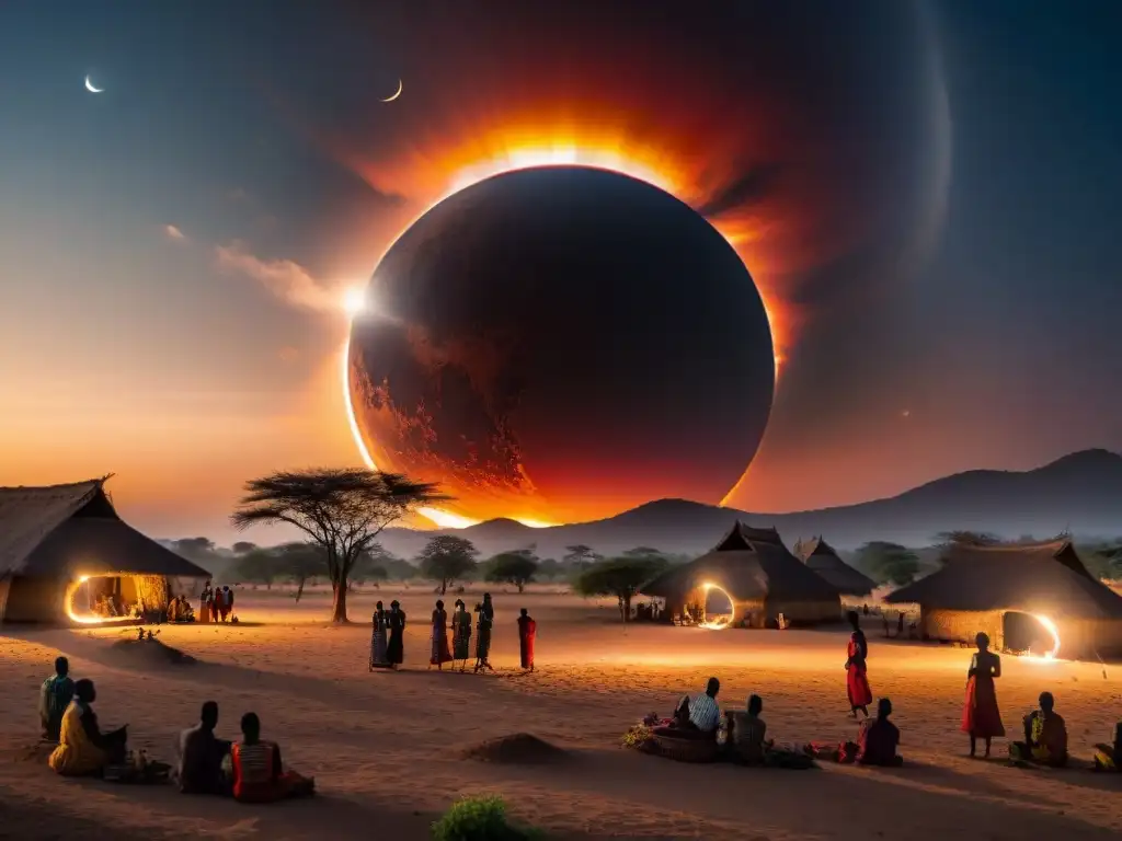 Una noche africana vibrante con un eclipse solar total sobre una aldea tradicional