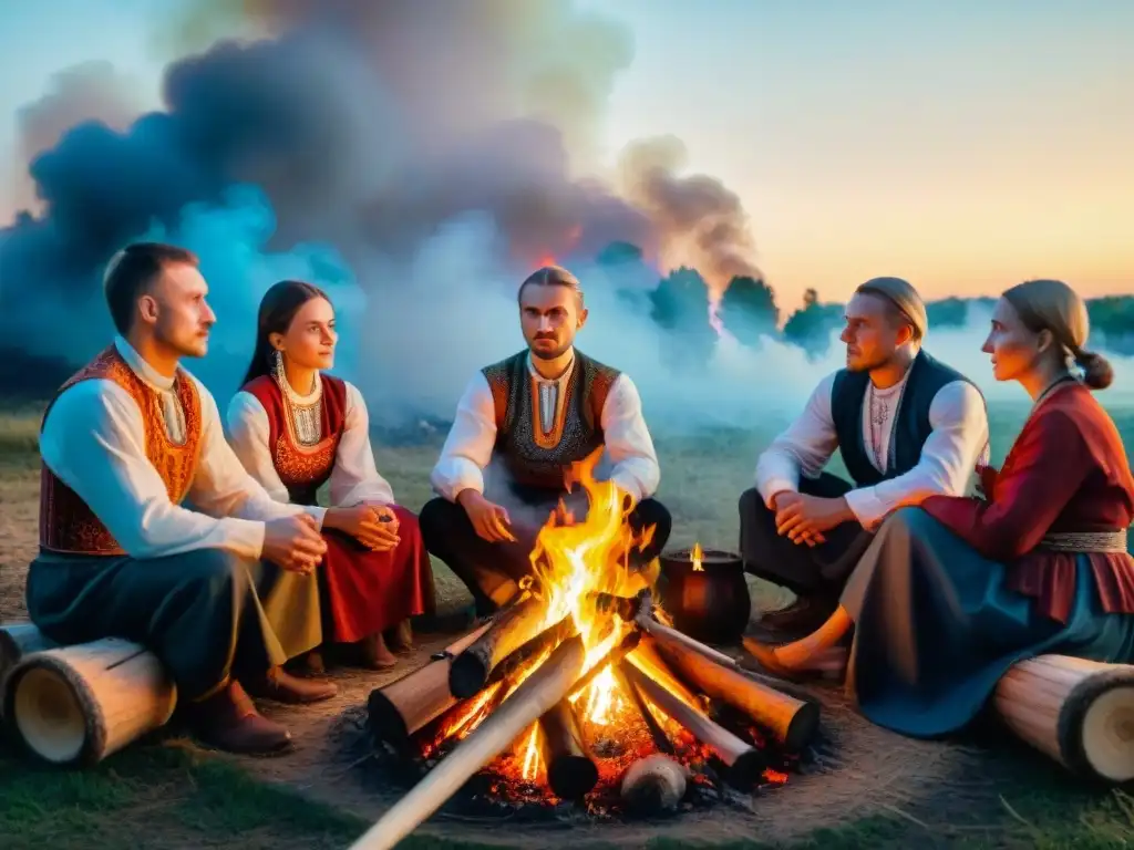 Noche mágica de folklore eslavo: alrededor de la hoguera, aldeanos visten trajes tradicionales y cantan canciones folclóricas