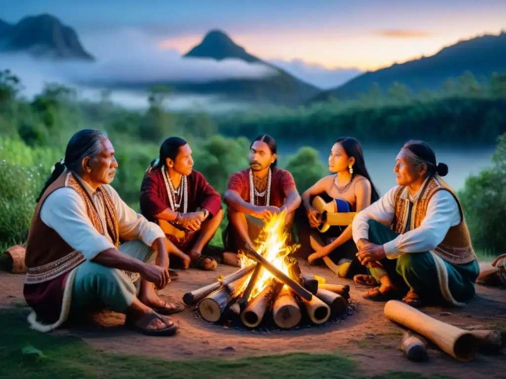 Noche estrellada junto al fuego, músicos indígenas comparten tradiciones con ancianos y niños